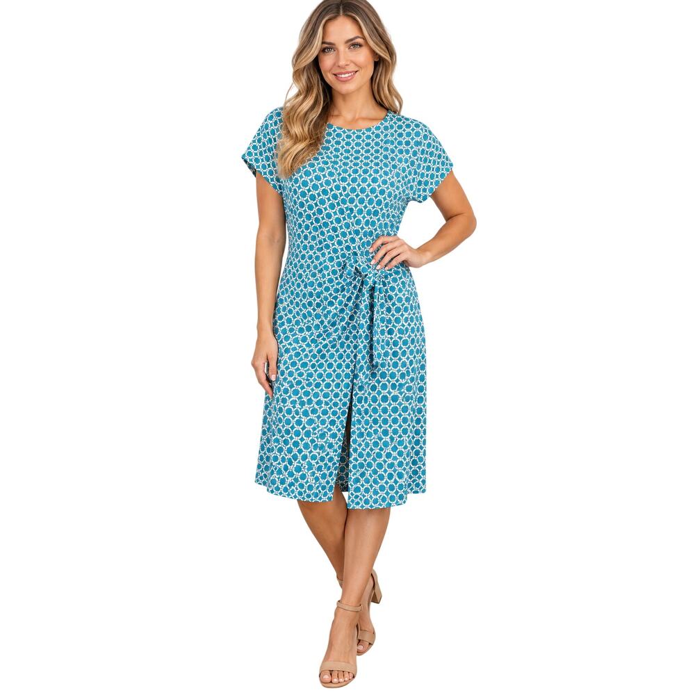 Talbots XLP XL PETITE blue white windowpane sd ruched career summer dress NWOT